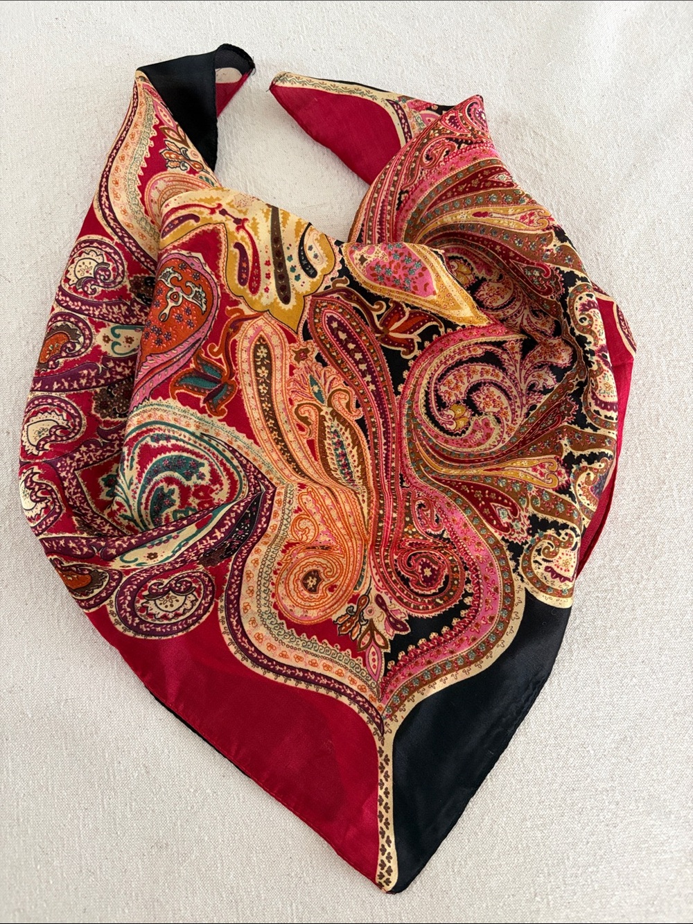Women's Paisley Silk Scarf - Red, Black, Gold Accent